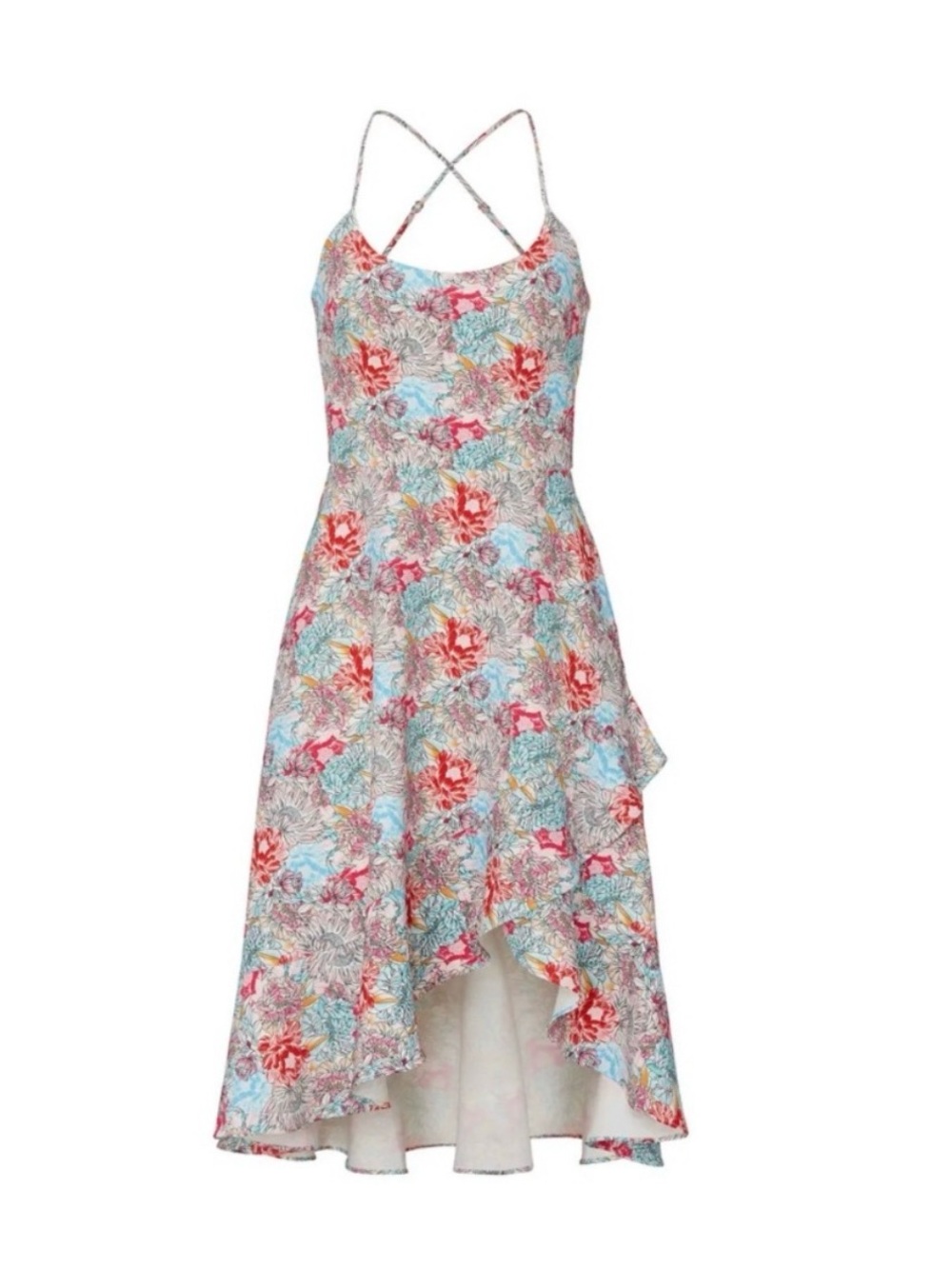 Black Halo Cream Floral Spaghetti-Strap Dress with Coral & Sky Accents